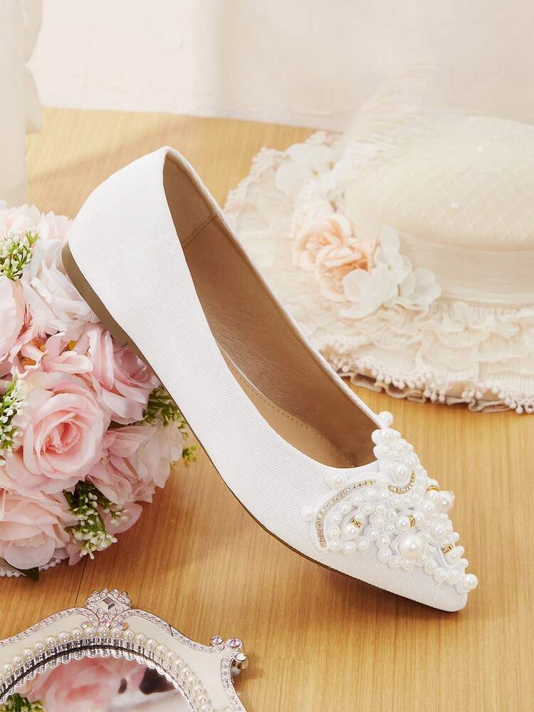 CUCCOO HITCHD Women's 25 Summer/Summer New Arrival 3D Faux Pearl Pointed Toe Romantic Elegant Shoes, White Bridal Wedding Shoes Elegant Shoes Wedding Shoes Summer Shoes Bride Shoes