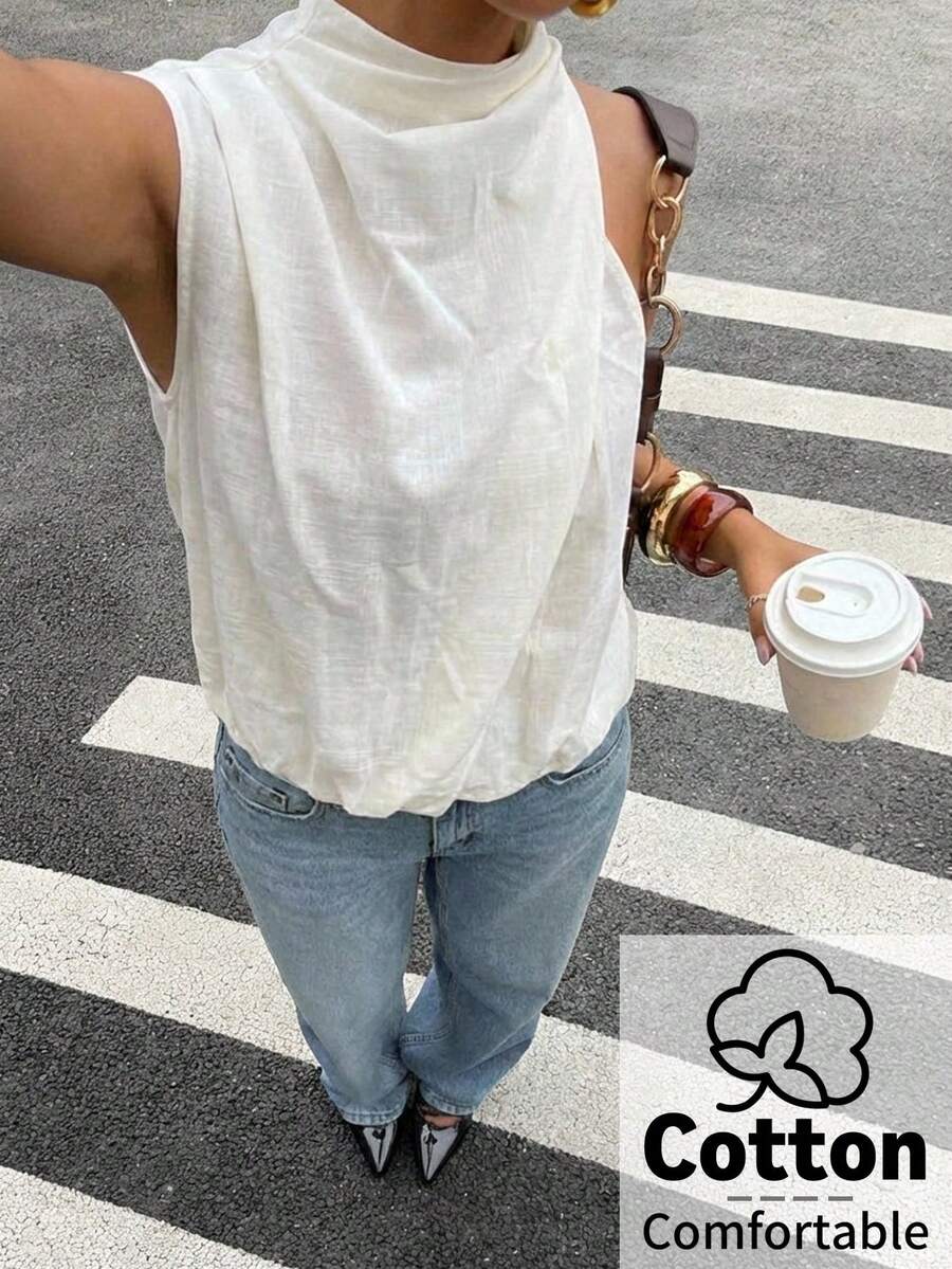 Aloruh Elegant Off-White Wrap-Neck Top,Asymmetrical Ruffle Trim Sleeveless Summer Tops For Women,Effortless Chic Casual Top For Brunch&Vacations