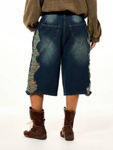 SUMWON WOMEN Badge Detail Distressed Denim Jorts With Frayed Side Patches And Americana Flag Pin Embellishments - Blue - View 2