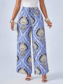 SOLERSUN 春夏女式优雅休闲度假风蓝色碎花印花长裤，松紧腰带配抽绳，直筒裤型 - 藍色 - 查看 1