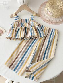 LMoss Kids 2件套女婴条纹编织吊带背心上衣和裤子套装 - 彩色 - 查看 2