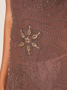 MISSGUIDED Women's Embellished Maxi Dress With Star Rhinestone Beading Pattern Spaghetti Strap Evening Gown Bodycon Formal Party Dress - Coffee Brown - View 2