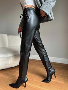 SHEIN Petite Women Drawstring Waist PU Leather Pants - Black - View 2