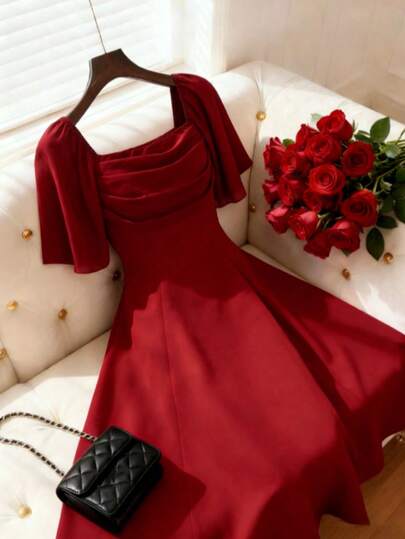 GlowEve New Square Neck Pleated Front Chiffon Back Shirred Cinched Waist Elegant Dress For Women