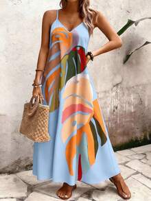 EMERY ROSE 女士时尚彩色树叶印花吊带连衣裙长款女装 - 淺藍色 - 查看 5