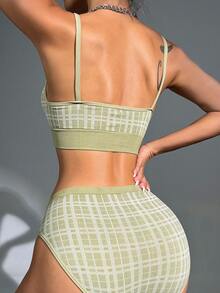 2件套优雅小众女士格子内衣套装（无缝文胸和内裤） - 綠色 - 查看 7