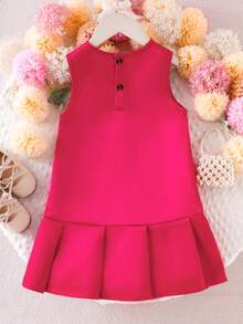 Elladie kids 女童无袖褶皱蝴蝶结纯色连衣裙，简约优雅夏季儿童情人节公主裙，女童无袖A字休闲连衣裙，红色连衣裙，女童无袖派对连衣裙，红色连衣裙，无袖蝴蝶结连衣裙，女童红色连衣裙，女童红色连衣裙 - 玫紅色 - 查看 2