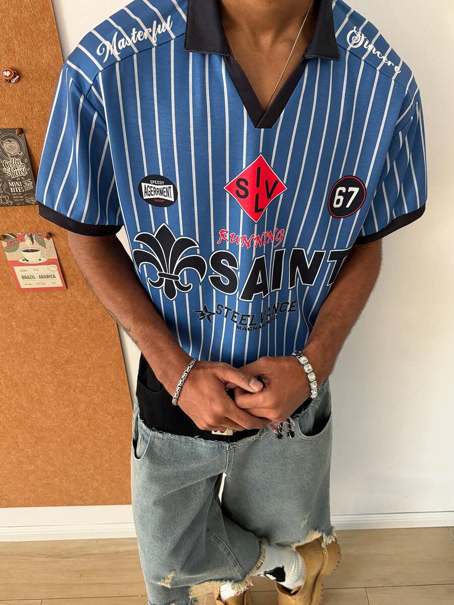 STEELVANCE 男士休闲条纹字母印花短袖Polo衫，夏季 - 藍色 - 查看 1