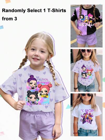 3件装随机混搭少女休闲时尚创意个性清爽酷炫虚拟女团星星、爱心、字母图案印花短袖T恤，舒适日常穿着，适合春、夏、秋季穿着。