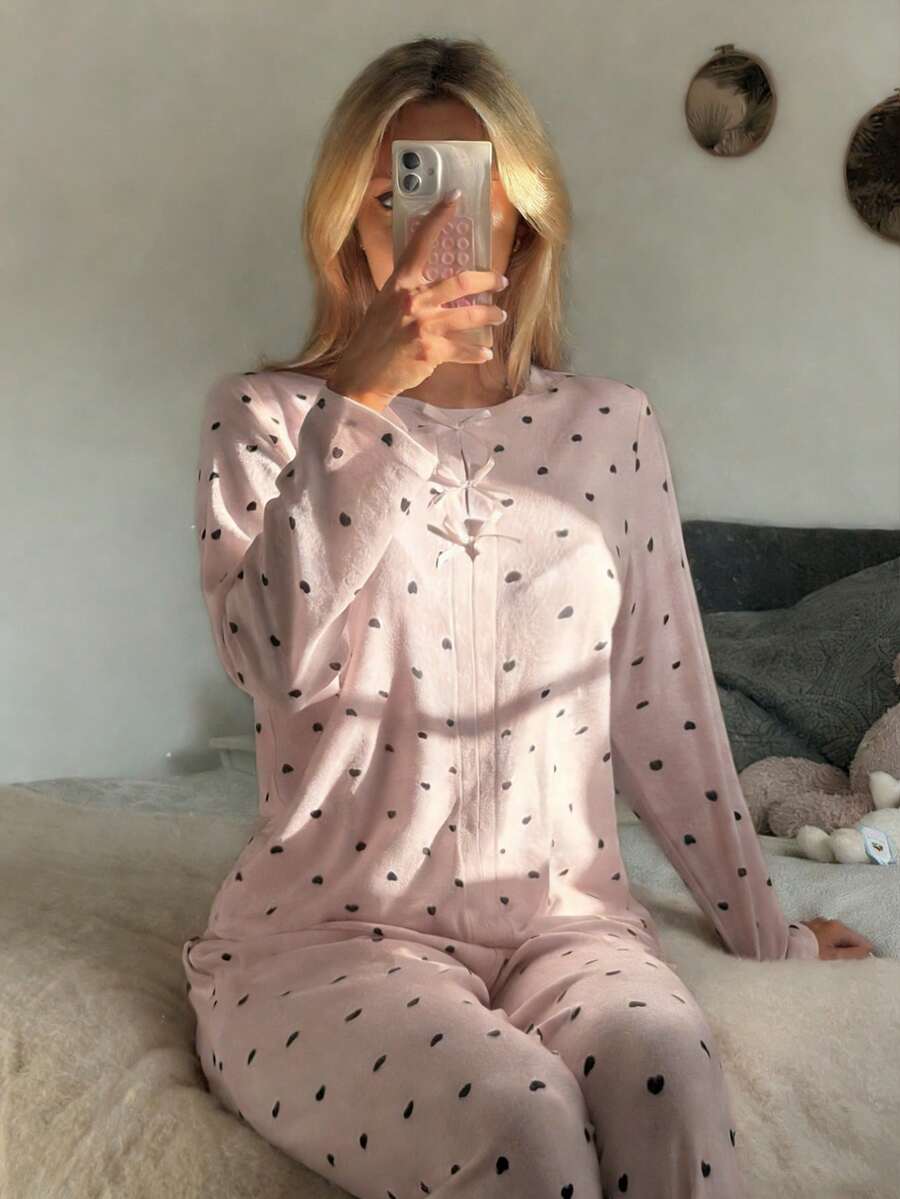 DAZY Set de pijama de 2 piezas con top de manga larga holgado y pantalón recto largo con estampado de corazón, ropa de dormir de primavera para mujer - Rosa - Ver 1