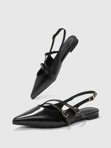 CUCCOO BIZCHIC 女士尖头黑色漆皮后带极简主义鞋，适合通勤和日常穿着 - 黑色 - 查看 10