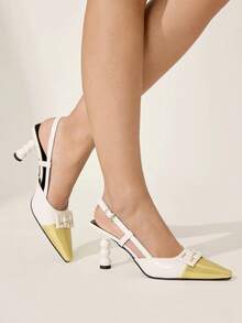 CUCCOO CHICEST Women's Pointed Toe Contrast Color Buckle Design Elegant High Heels Wedding Shoes Spring Shoes Bride Shoes - Gold - View 6