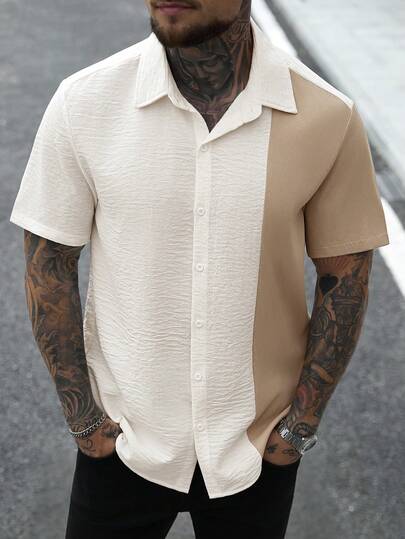 Manfinity CasualCool Men's Casual Everyday Office Commute Minimalist Solid Color Textured Fabric Short Sleeve Shirt, Summer