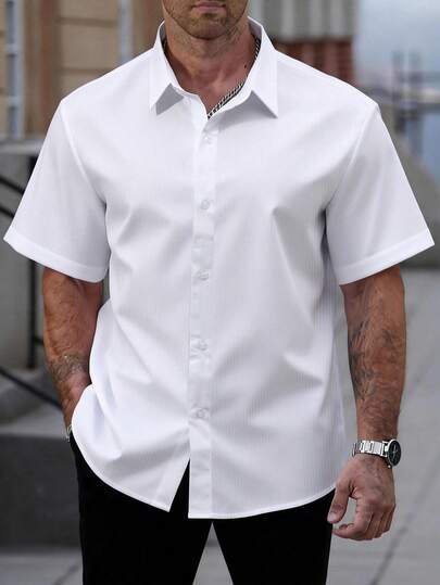 Manfinity Homme 加大码男士休闲商务通勤简约纯色短袖衬衫，夏季