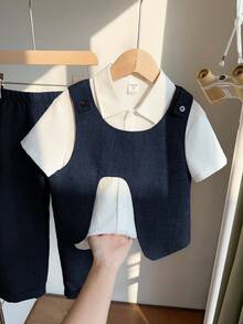 SHEIN Little Byeori 3件套男童不对称韩版背心、宽松阔腿裤、衬衫及梭织面料三件套，带领，适合通勤、上学、日常休闲、度假、旅行。 - 藏蓝色 - 查看 6