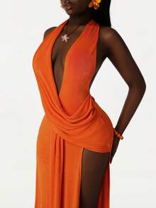 Amplova Women's Halter Neck Backless Dress, Sexy & Avant-Garde, Suitable For Dates & Parties, Draped Design - Baby Blue - View 5