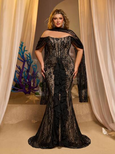 Glamrae Plus Size Elegant Sexy Black U-Neck Applique Off-Shoulder Luxury French Lace Fish Bone Decor Waist Ruffle Mermaid Hem With Trailing Sequin Embellished Formal Gown (Intricate Design)