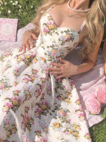 SHEIN MOD 女士碎花束腰优雅吊带中长连衣裙