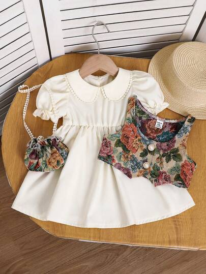 SHEIN Cute Girl's Dress Set With Short Vest And Floral Trim Handbag, Adorable Elegant Retro Style, Spring/Summer Dress Colorful Floral Pattern Vest Baby Baby Girl Floral Bag Baby Girl White Dress Toddler Puff Sleeve Dress