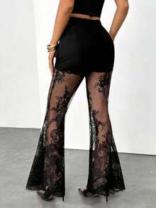 SHEIN PETITE Women's Sexy Elegant Lace Sheer Flare Pants - Black - View 2