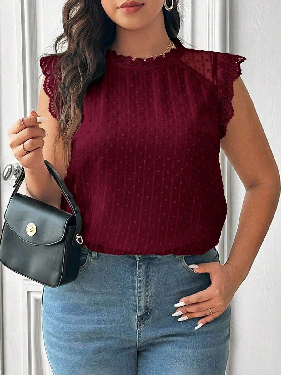 SHEIN Frenchy Plus Size Elegant Swiss Polka Dot Ruffle Hem Blouse, Summer - Burgundy - View 1