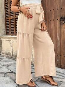 SHEIN 孕妇纯色打结腰阔腿宽松裤，夏季女装，春季女装，春假必备 - 卡其色 - 查看 4