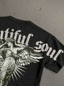 StoneGrade Áo thun tay ngắn dáng rộng in hình thiên thần phong cách Gothic, trang phục thường ngày thời trang cho các buổi hẹn hò và tụ họp, quà tặng đôi cho bạn trai. - màu đen - Xem 3