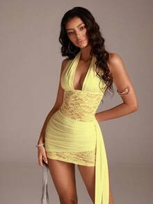 Vestido mini ajustado con escote en V profundo, parches de encaje y cintura con lazo para mujer, primavera/verano - Amarillo claro - Ver 6