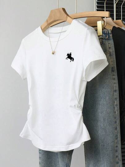 Tween Girls Minimalist Horse Logo White Waist Fitted Short Sleeve Tops, All-Match & Versatile Casual T-Shirt