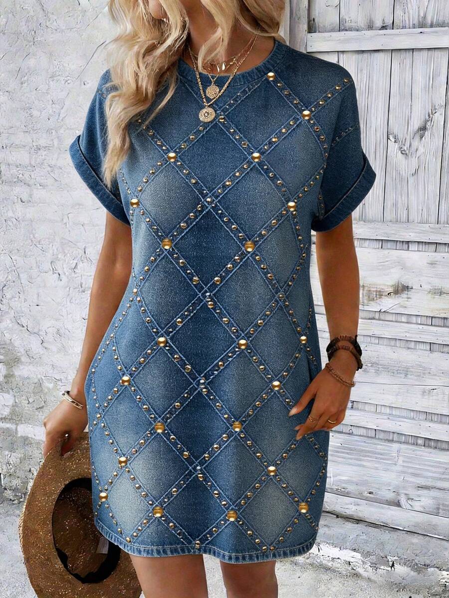 EMERY ROSE 女士全印花圆领休闲短袖连衣裙 - 彩色 - 查看 1