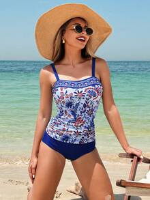 Swim Lushoire 女士休闲沙滩度假随机印花吊带背心和纯色短裤套装 - 藍色 - 查看 3