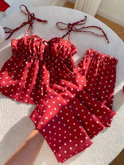 Comfortcana طقم ملابس علوية كامي بطبعة نقاط وبنطال ساق واسع للنساء، طقم كاجوال صيفي عتيق للشاطئ والعطلات