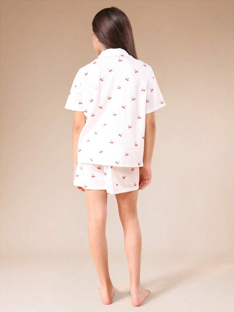 Cherry Print Button Front Pajama Set