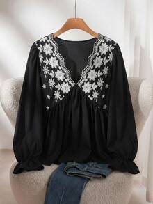 CosyJoli Plus Size V-Neck Embroidered Waist A-Line Blouse - Black - View 1