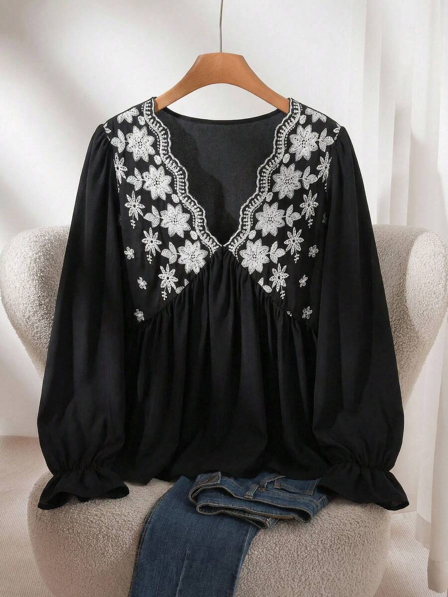 CosyJoli Plus Size V-Neck Embroidered Waist A-Line Blouse - Black - View 1