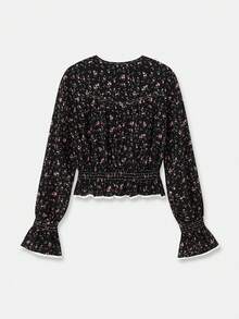 lacRébo Ditsy Vintage Style Floral Print Blouse With Shirred Fitted Waist Button Front Detail And Contrast White Lace Trim - Multicolor - View 9