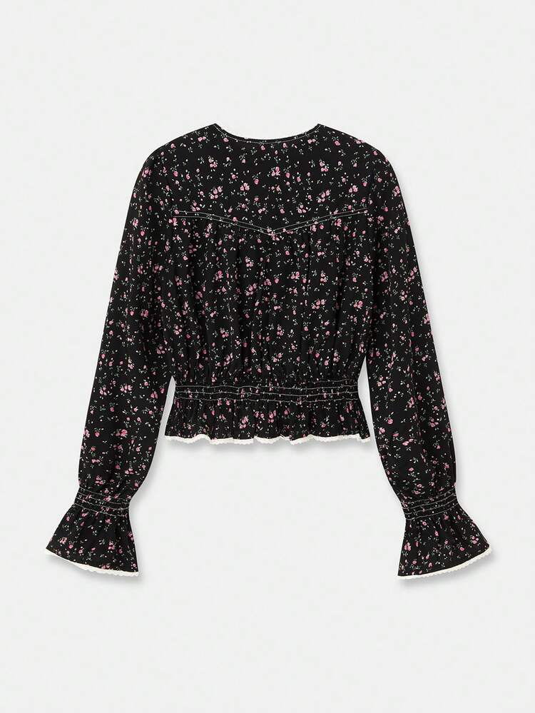 Bluse im Vintage-Stil mit Ditsy-Blume Muster, geraffter taillierter Taille, Knopfleiste und kontrastierendem weißen Spitzenbesatz