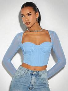 SHEIN BAE Áo corset đi chơi, áo kiểu mùa xuân cho nữ, áo đen. - Màu xanh nhạt - Xem 5