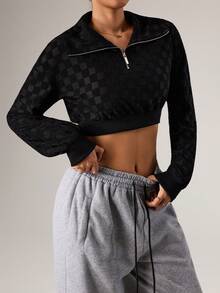 Dewbera Checkerboard Print Half-Zip Front Cropped Sporty Sweatshirt - Black - View 3