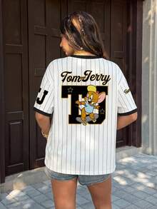 TOM & JERRY X SHEIN Women's Casual Striped Mouse Print Contrast Trim Round Neck Short Sleeve T-Shirt, Summer - White - View 4
