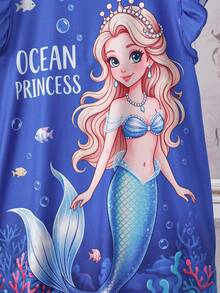 2pcs/Set Young Girl' Cap Sleeve Frill Trim Casual Nightgown & Loungewear Set, Spring/Summer - Multicolor - View 5