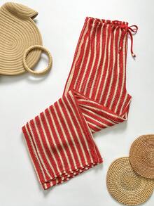 Swim Chiccia Women's Summer Boho Red & White Striped Crochet Pants Set,Knitted Drawstring Beach Coverup Holiday Pants,Casual Bohemian Swimwear,Western Beachwear - Red - View 2