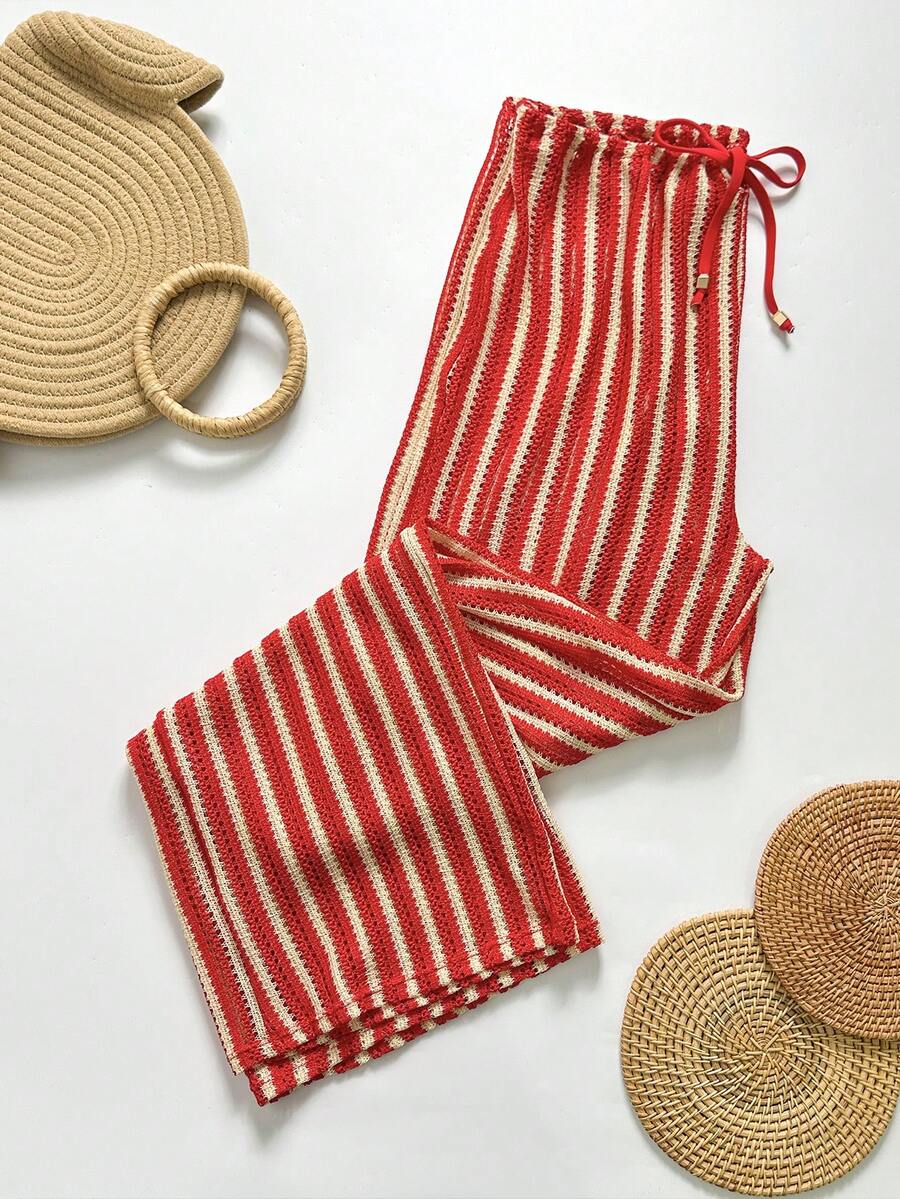 Swim Chiccia Women's Summer Boho Red & White Striped Crochet Pants Set,Knitted Drawstring Beach Coverup Holiday Pants,Casual Bohemian Swimwear,Western Beachwear