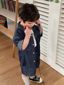 DAZY 2pcs Toddler Boys Retro Washed Denim Collared Top And Shorts Set - Blue - View 5