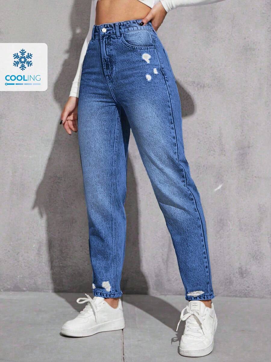 SHEIN ICON 女式高腰口袋做旧锥形休闲牛仔裤 - 中等水洗藍 - 查看 1
