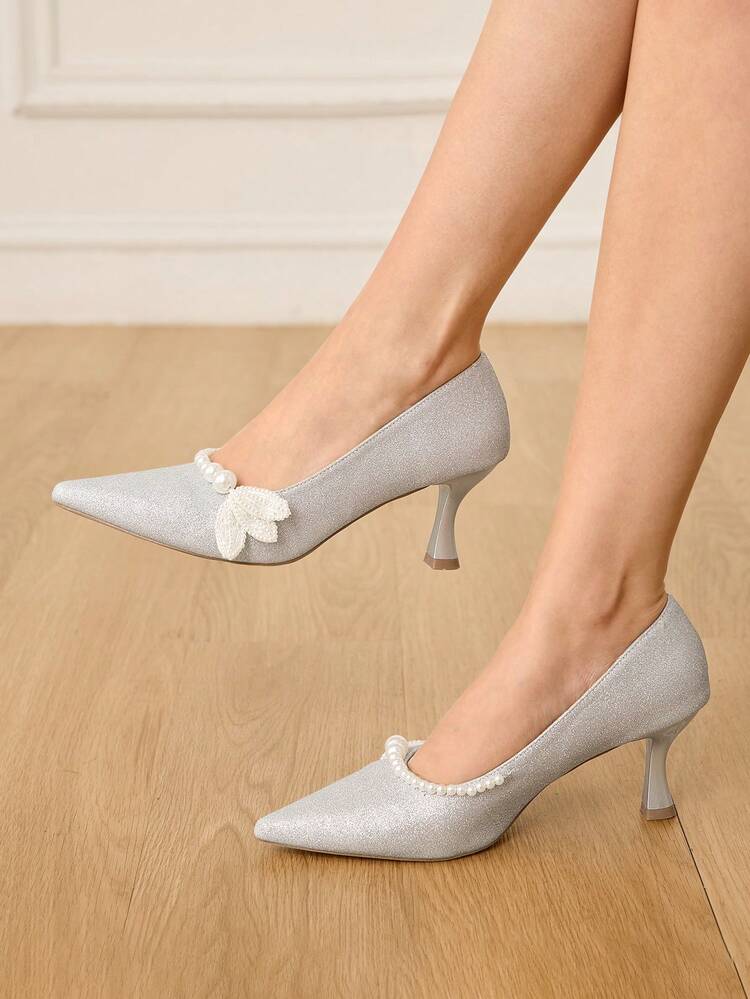 CUCCOO HITCHD Women's Pointed Toe Faux Pearl Decor Design Everyday Versatile Fashion High Heels Valentine's Day Elegant Shoes Wedding Shoes