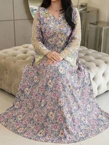 Al Najma Women's Floral Contrast Mesh Long Sleeve Elegant Arabic Dress - Multicolor - View 8