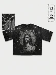 ROMWE MEN Goth Áo thun nam tay ngắn cổ tròn in chữ và hình Chúa Jesus, kiểu dáng thường ngày, thích hợp cho mùa hè. - màu đen - Xem 8