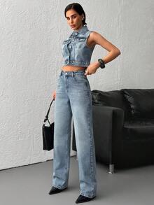SHEIN 100% Cotton Women's Denim Two Pieces Outfits Vest& Pants - Medium Wash - View 5