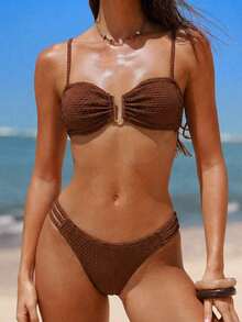 Swim Chiccia Bộ bikini tankini ôm sát cơ thể màu trơn có họa tiết trang trí - màu nâu - Xem 1
